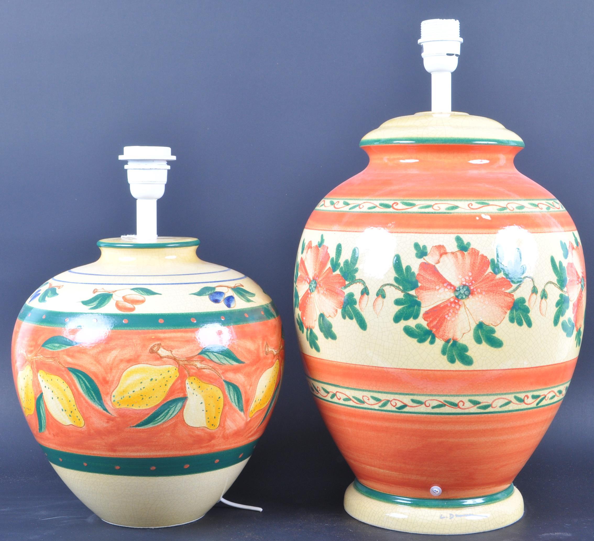 TWO MID 20TH CENTURY HAND PAINTED LARGE CERAMIC LAMPS
