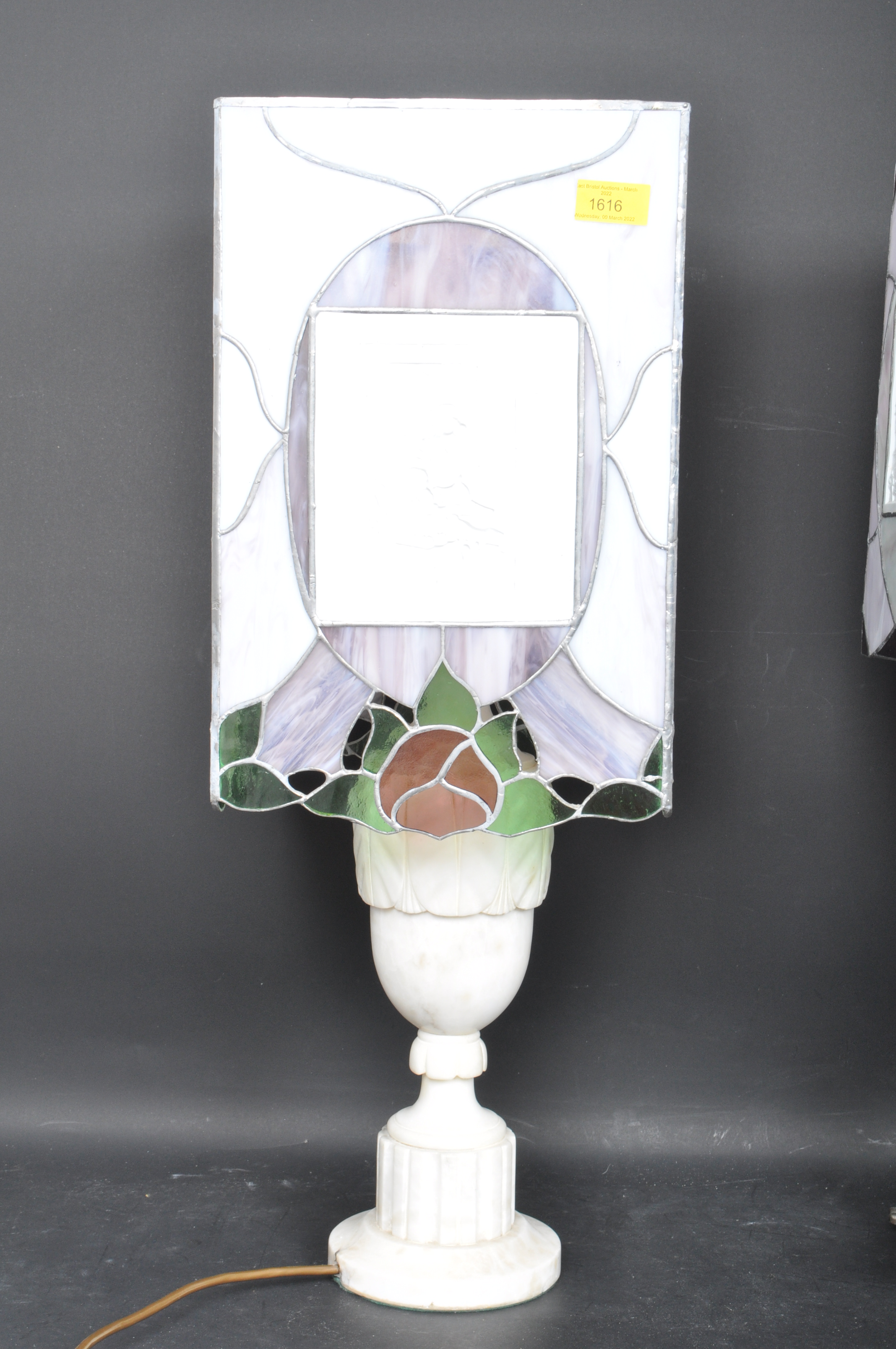 VINTAGE TIFFANY STYLE GLASS & ALABASTER LAMP