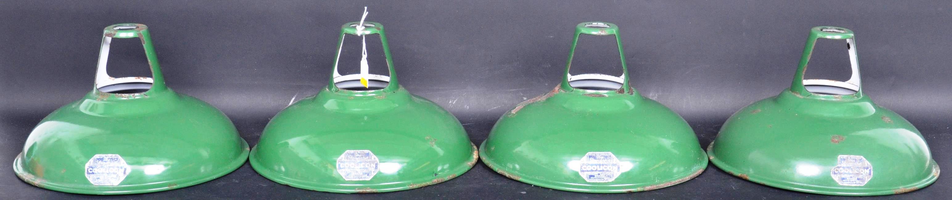 20TH CENTURY INDUSTRIAL GREEN ENAMEL LIGHT SHADES