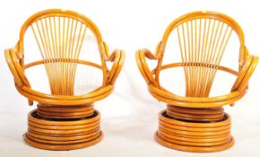 PAIR 1970'S BAMBOO AND WICKER / CANE SWIVEL EGG ARMCHAIRS