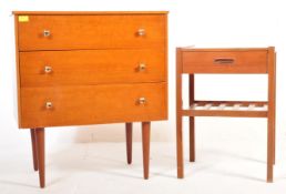 MID CENTURY TEAK PEDESTAL CHEST OF DRAWERS & BEDSIDE