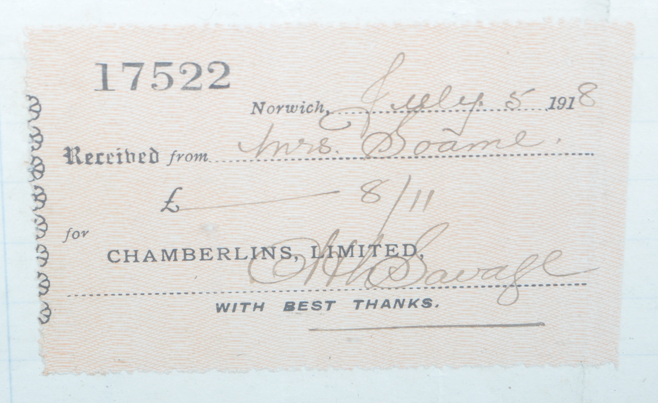 A FRAMED 1918 ILLUSTRATED INVOICE FOR CHAMBERLAINS LIMITED - Image 3 of 6