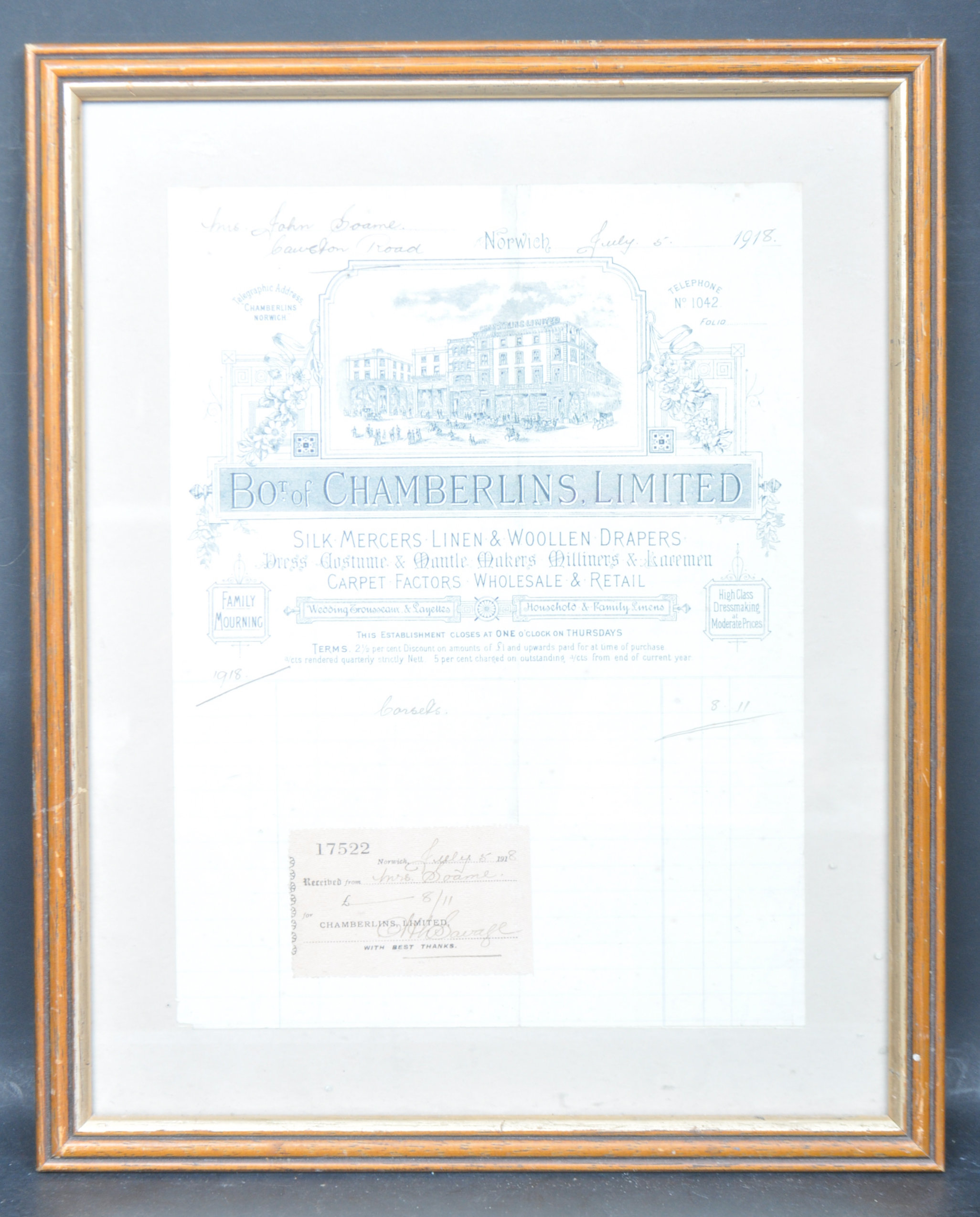 A FRAMED 1918 ILLUSTRATED INVOICE FOR CHAMBERLAINS LIMITED