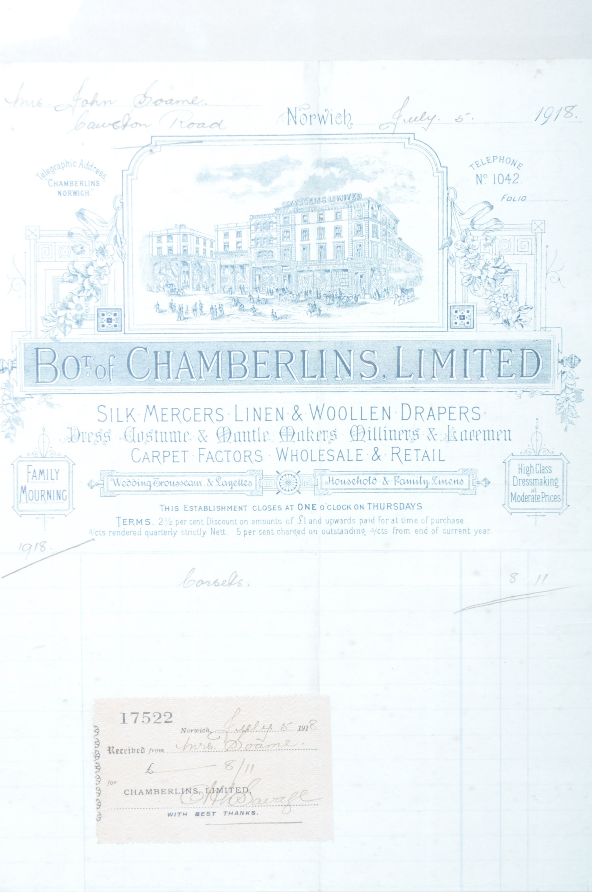 A FRAMED 1918 ILLUSTRATED INVOICE FOR CHAMBERLAINS LIMITED - Image 2 of 6