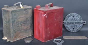 PAIR OF MOTORING OIL CANS & BADGES