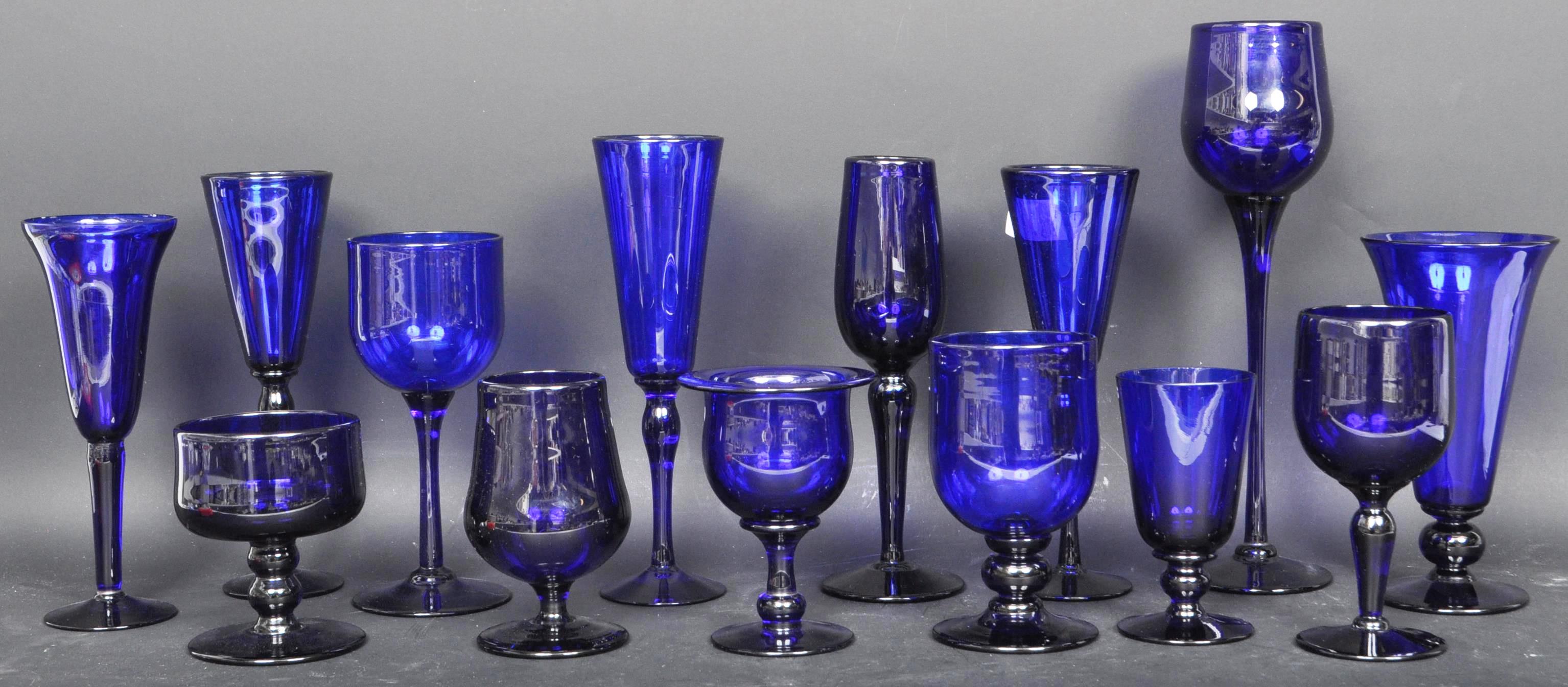 ASSORTMENT OF BRISTOL BLUE COBALT GLASS DRINKING GLASSES