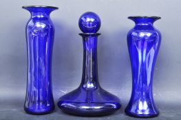 RETRO BRISTOL BLUE COBALT DECANTER & PAIR OF VASES