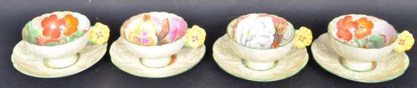 FOUR ART DECO 1920S PARAGON CHINA TEACUPS & SAUCERS