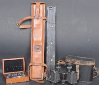 1929 LEATHER CASED METAL RULE, BINOCULARS & CASED WEIGHTS