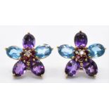 PAIR 18CT GOLD TOPAZ & AMETHYST FLORAL CLUSTER EARRINGS