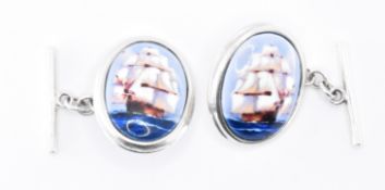 PAIR OF SILVER & ENAMEL SHIP CUFFLINKS