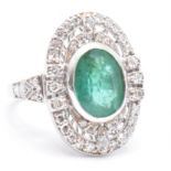 18CT WHITE GOLD DIAMOND AND EMERALD ART DECO RING