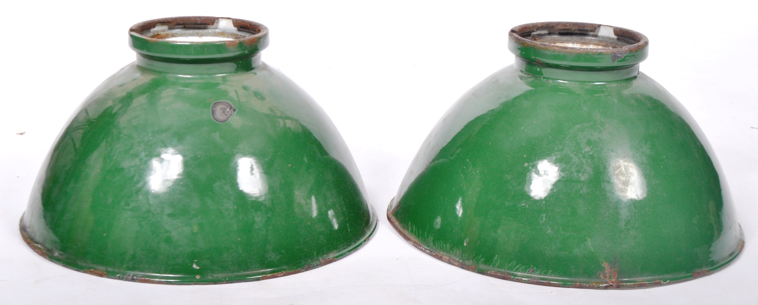 PAIR OF RETRO VINTAGE 1930'S FACTORY GREEN PENDANT SHADES