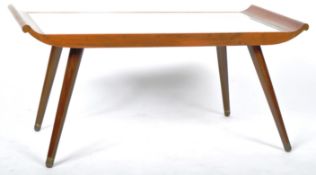 RETRO 1970S TEAK CARVED COFFEE TABLE RAISED ON SPLAYED LEGS