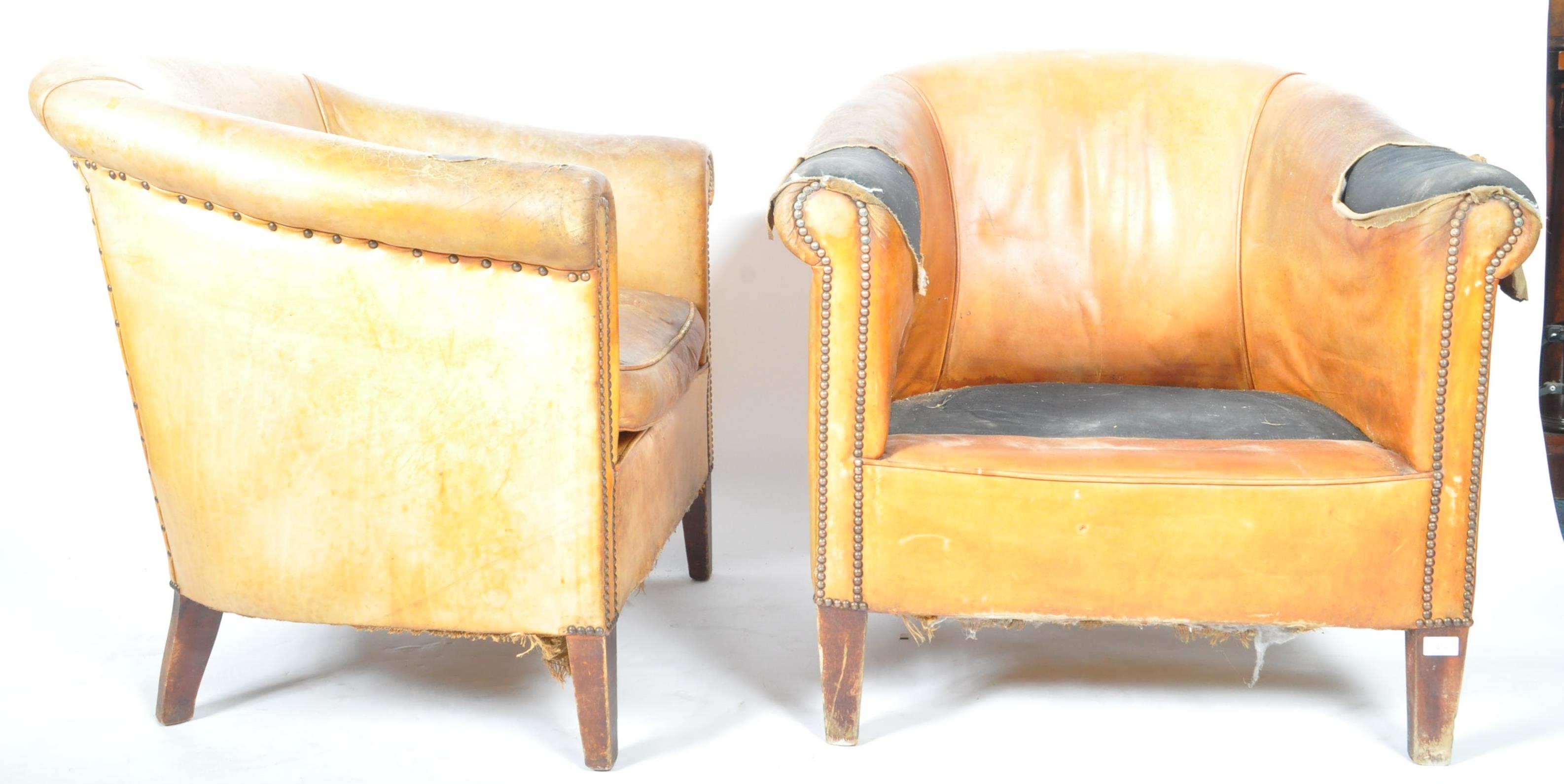 PAIR OF DUTCH SHEEPSKIN TAN BROWN LEATHER CLUB ARMCHAIRS - Image 6 of 7