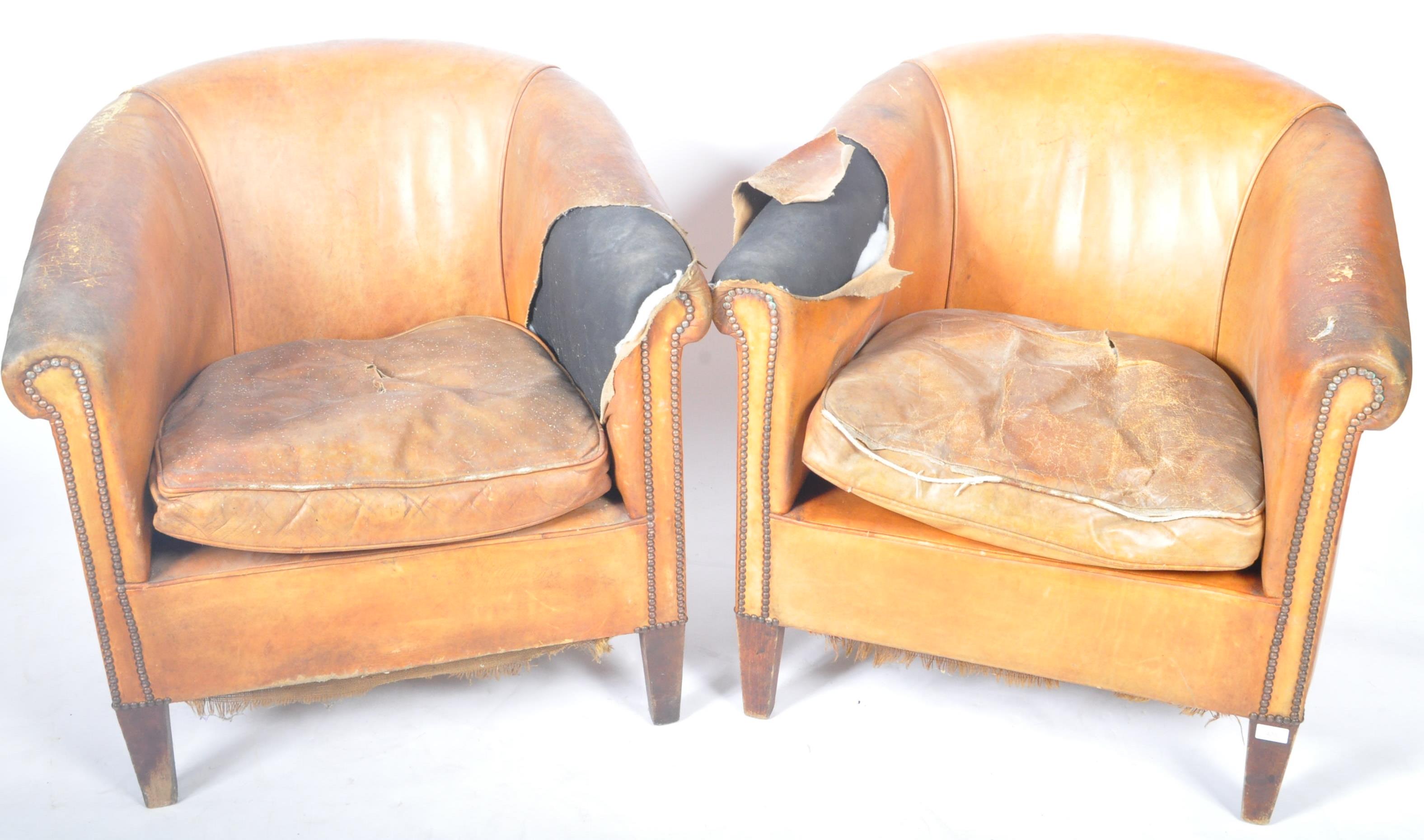 PAIR OF DUTCH SHEEPSKIN TAN BROWN LEATHER CLUB ARMCHAIRS - Image 2 of 8