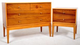 UNIFLEX - MID CENTURY TEAK AND WALNUT CHEST OF DRAWERS & BEDSIDE