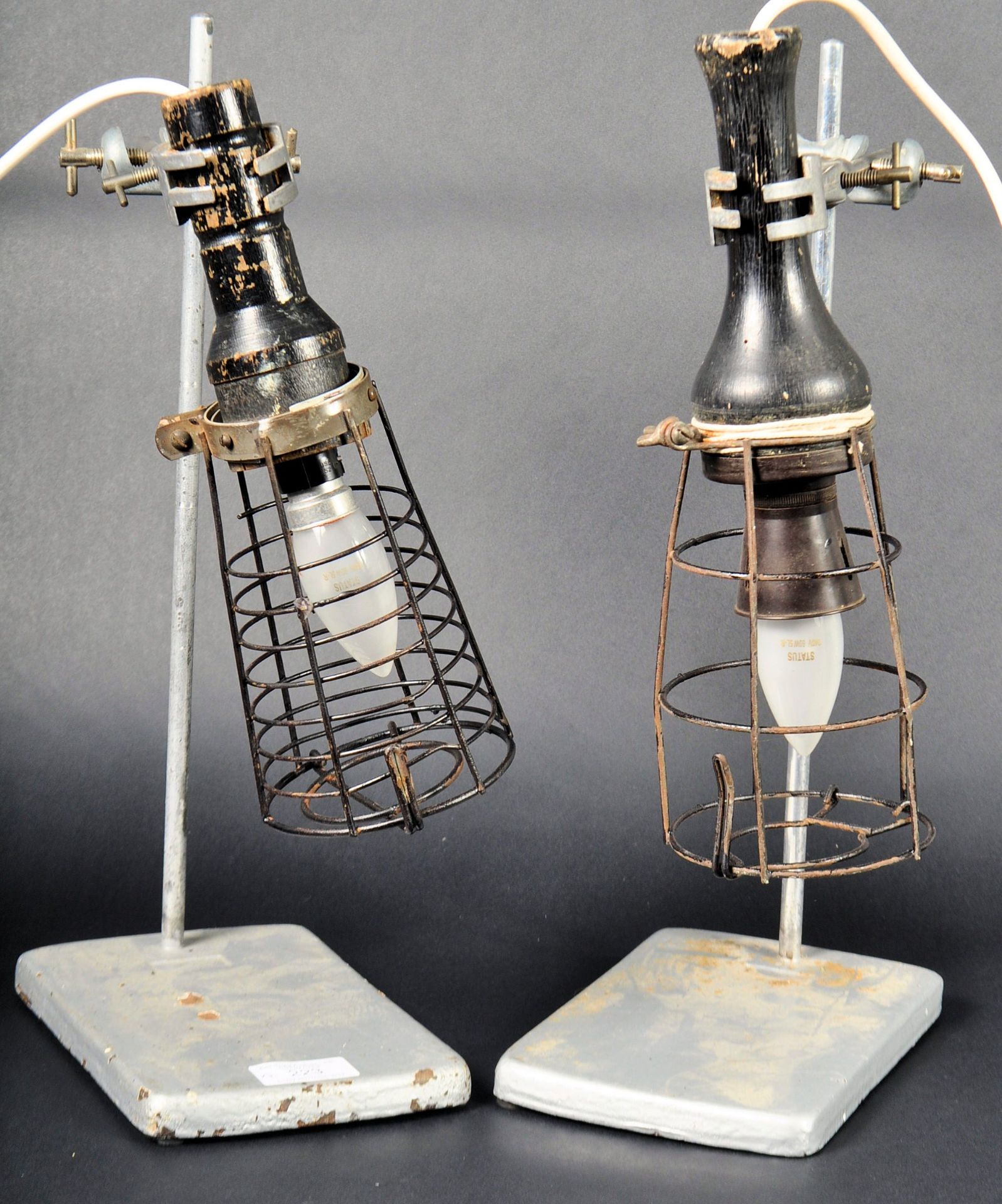 PAIR OF MID CENTURY INSPECTION LAMPS ON SCIENTIFIC STANDS