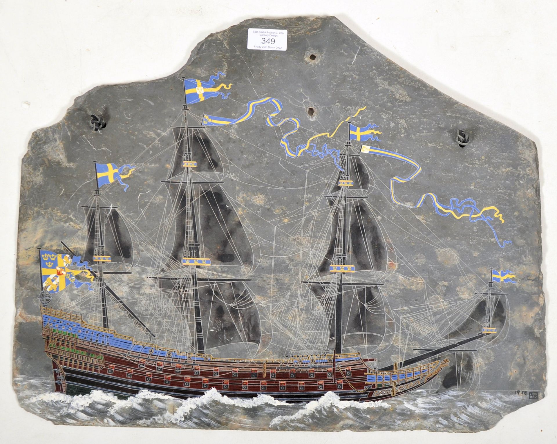 SLATE PANEL WITH HAND PAINTED 17TH CENTURY SWEDISH GALLEON