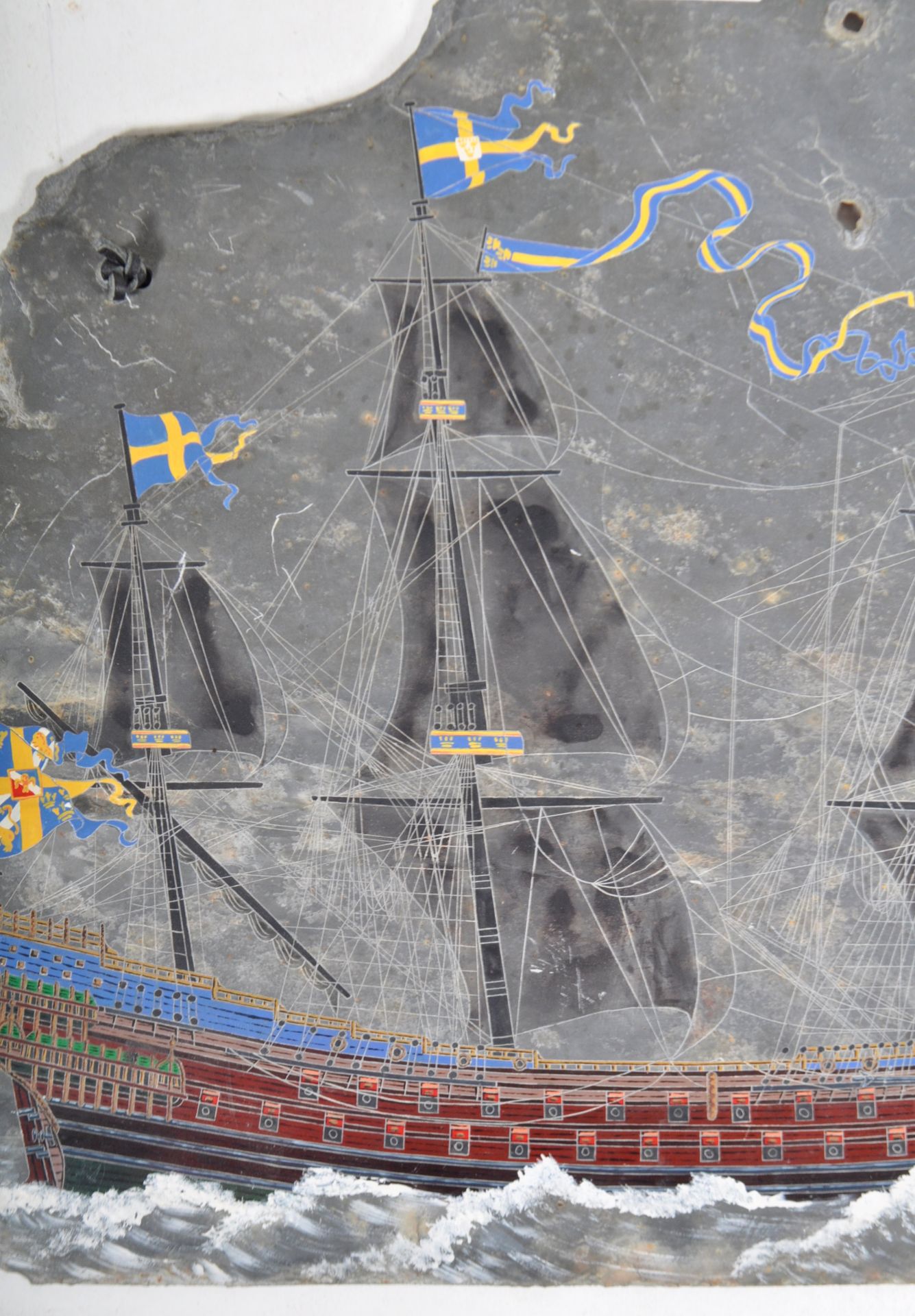 SLATE PANEL WITH HAND PAINTED 17TH CENTURY SWEDISH GALLEON - Image 3 of 6
