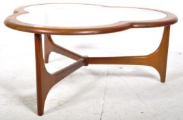 1960'S TEAK WOOD CLOVER SHAPED GLASS INSET COFFEE TABLE
