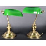 PAIR OF VINTAGE BRASS AND GREEN GLASS BANKERS DESK LAMPS