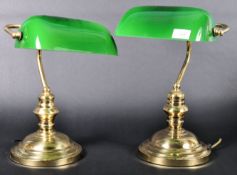 PAIR OF VINTAGE BRASS AND GREEN GLASS BANKERS DESK LAMPS