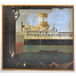 1980'S OIL ON BOARD PAINTING OF A GREEK INDUSTRIAL SHIPPING YARD