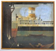 1980'S OIL ON BOARD PAINTING OF A GREEK INDUSTRIAL SHIPPING YARD