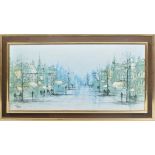 HOLLAND - MID CENTURY PRINT ON BOARD DEPICTING A CITY SCENE