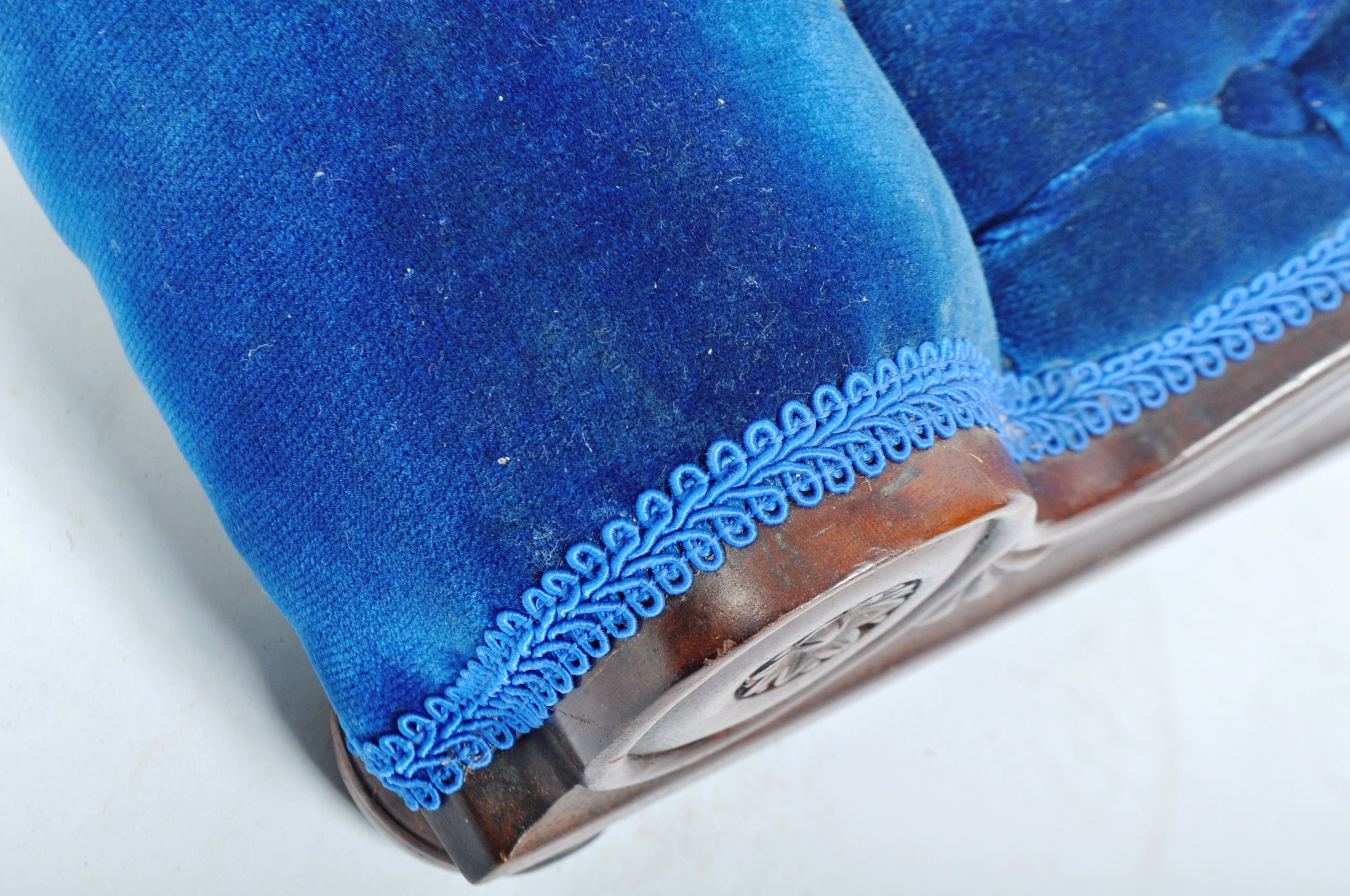 MATCHING PAIR OF VICTORIAN MAHOGANY AND BLUE VELVET GOUT STOOLS - Image 6 of 7