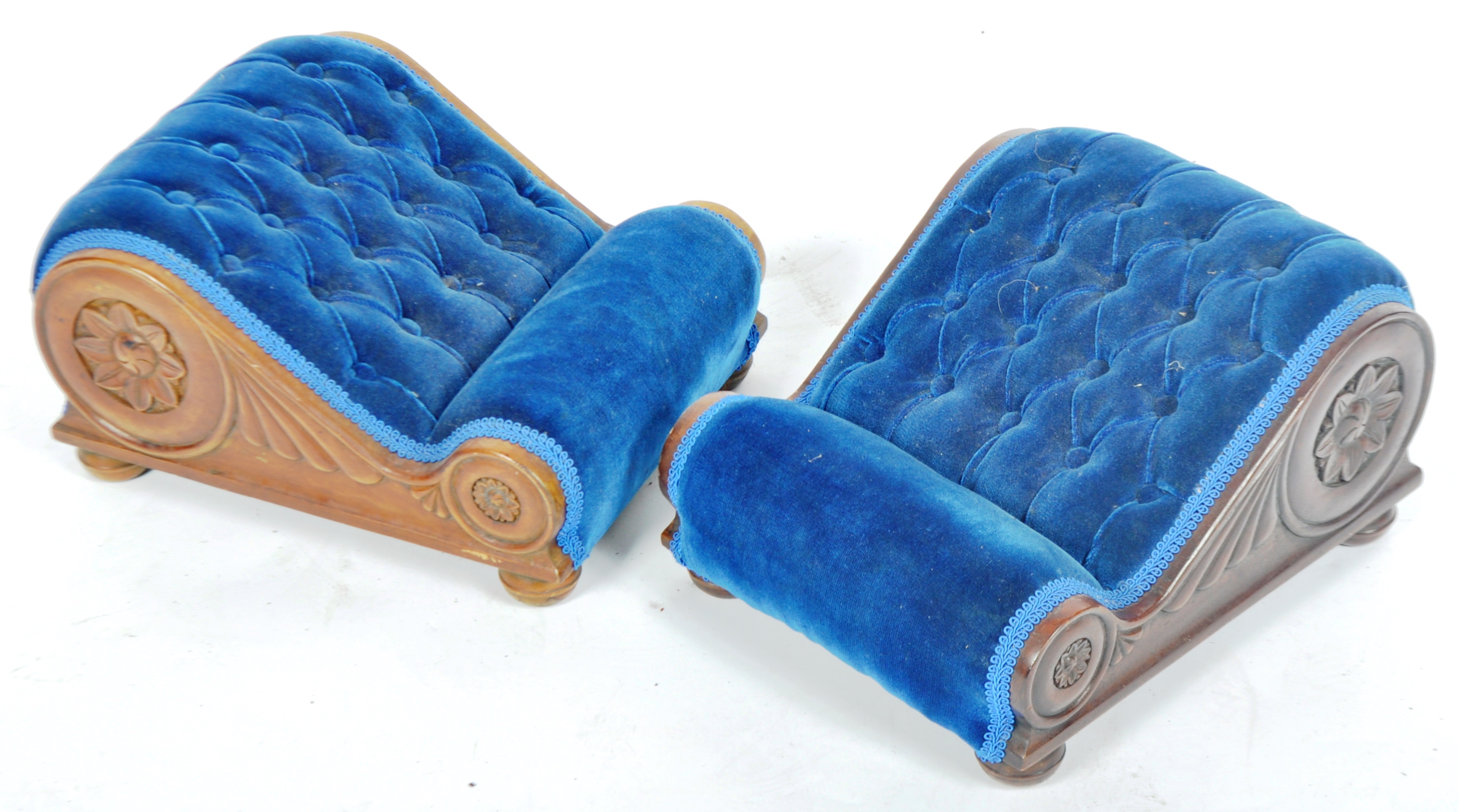 MATCHING PAIR OF VICTORIAN MAHOGANY AND BLUE VELVET GOUT STOOLS - Image 2 of 7