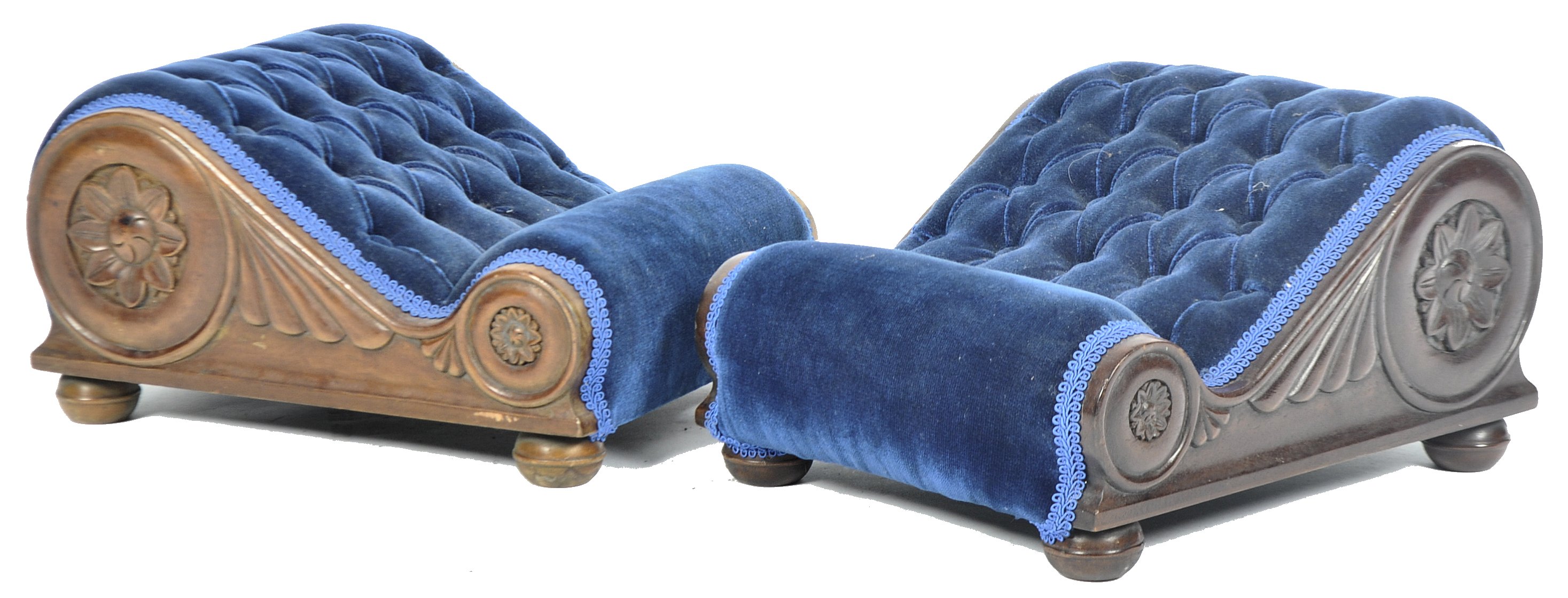 MATCHING PAIR OF VICTORIAN MAHOGANY AND BLUE VELVET GOUT STOOLS