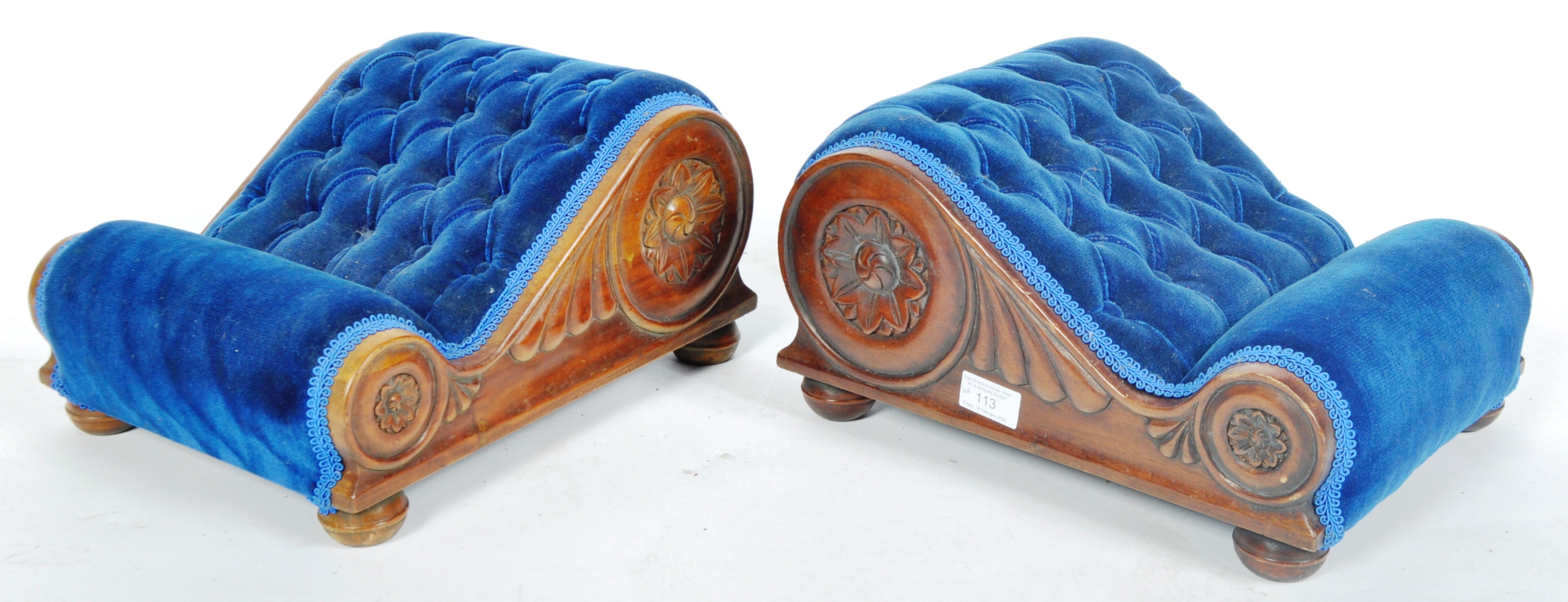 MATCHING PAIR OF VICTORIAN MAHOGANY AND BLUE VELVET GOUT STOOLS - Image 7 of 7