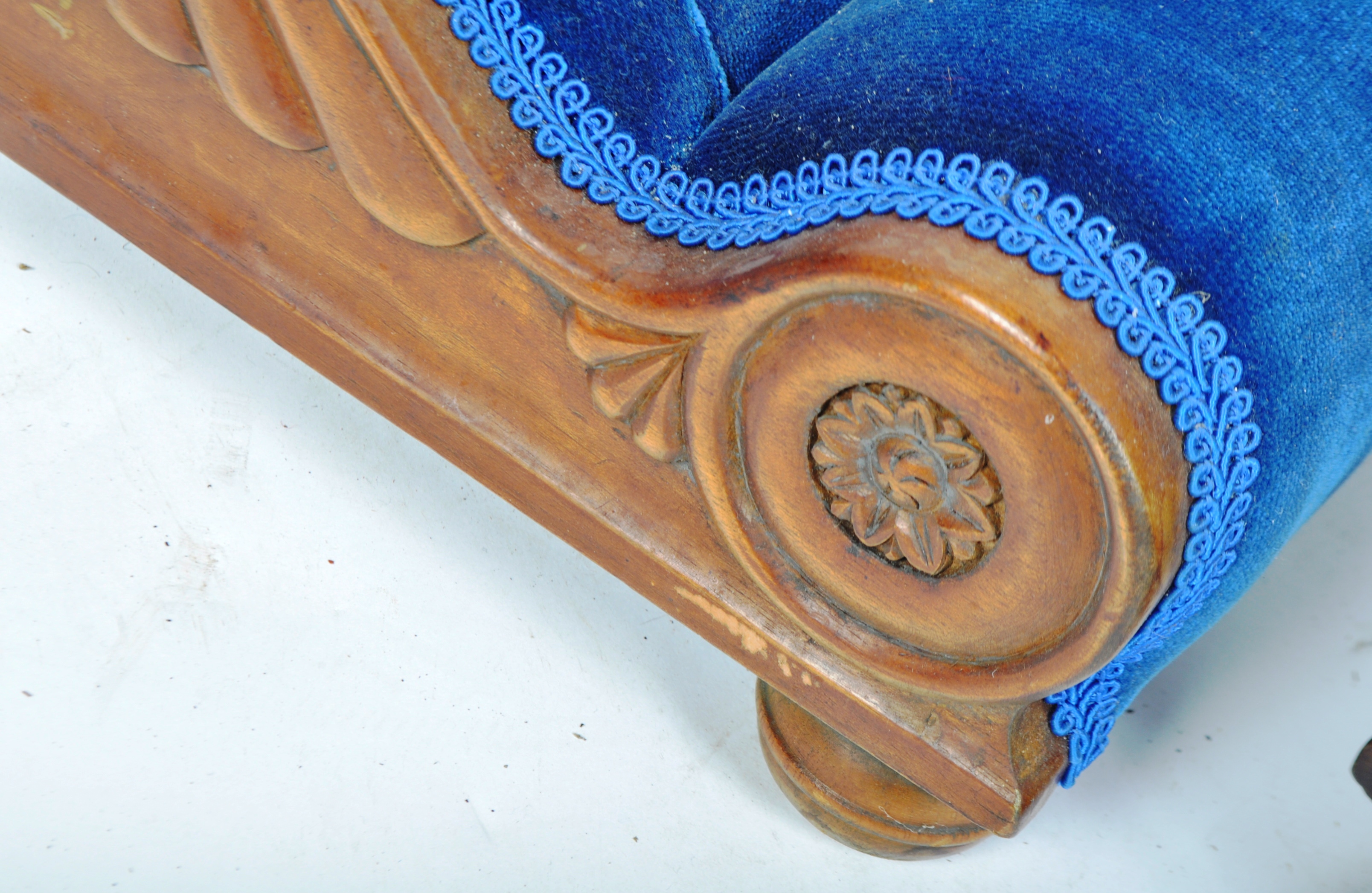 MATCHING PAIR OF VICTORIAN MAHOGANY AND BLUE VELVET GOUT STOOLS - Image 5 of 7