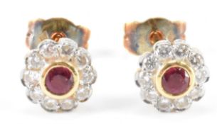 VINTAGE HALLMARKED 18CT GOLD RUBY & DIAMOND CLUSTER EARRINGS