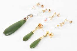 TWO PAIRS OF GOLD EARRINGS & NEPHRITE PENDANT & EARRINGS