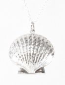 SILVER CLAM SHELL LOCKET PENDANT NECKLACE