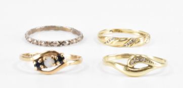 THREE GOLD RINGS TOGETHER WITH A WHITE METAL RING