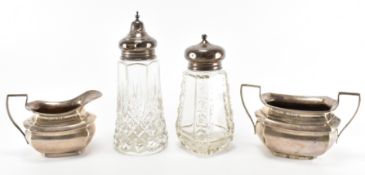 ANTIQUE SILVER JUG & SUGAR BOWL & 2 SUGAR SHAKERS