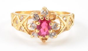 HALLMARKED 18CT GOLD RUBY & WHITE STONE RING