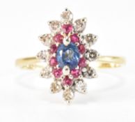 VINTAGE GOLD SAPPHIRE, RUBY & DIAMOND CLUSTER RING