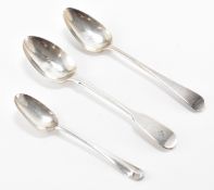 TWO GEORGIAN SILVER SPOONS & AN ANTIQUE SILVER SPOON