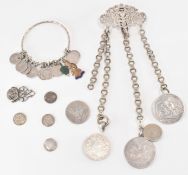 VICTORIAN SILVER CHATELAINE CLIP, WHITE METAL COIN BRACELET & FOB