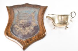 1920S SILVER HALLMARKED CREAMER JUG & PRESENTATION PLAQUE