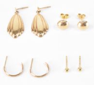 THREE PAIRS OF GOLD EARRINGS & TWO GOLD EARRINGS