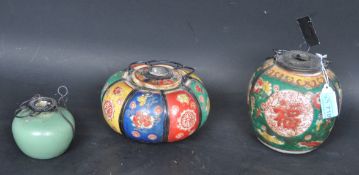 THREE CHINESE QIANLONG CERAMIC OIL LAMPS