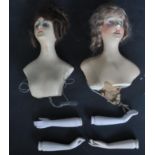 TWO FRENCH ART DECO BOUDOIR POUPEE WAX DOLL BUSTS