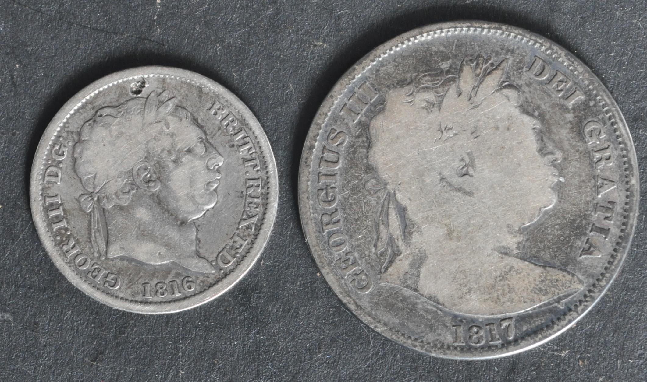 TWO GEORGE III SILVER COINS COMPRISING A HALF CROWN & SHILLING