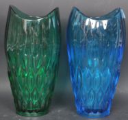 TWO SKLO UNION GREEN & BLUE MID CENTURY GLASS VASES